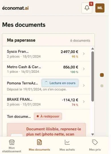 Écran Mes documents : dépôt et lecture des factures