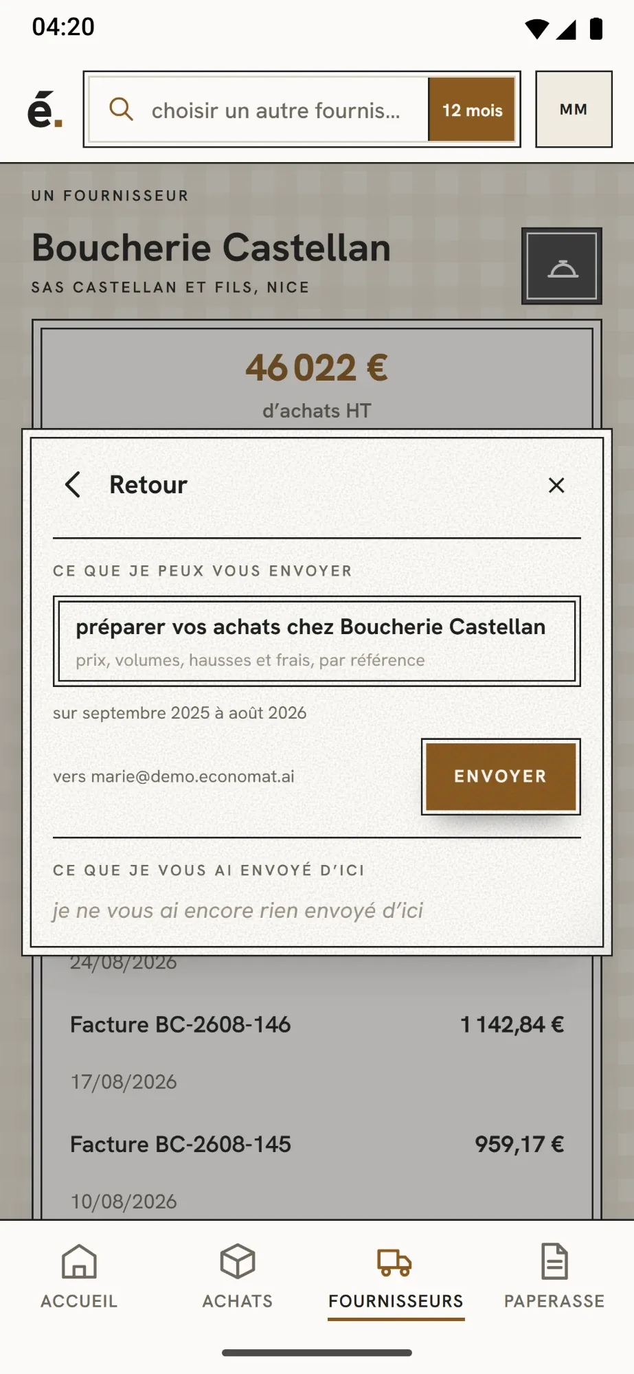 Sur Android, le relevé des achats faits chez un fournisseur, prêt à partir